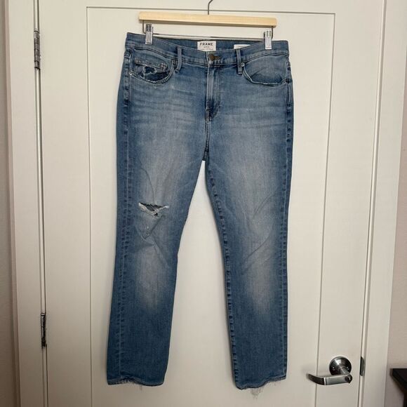 Frame L’Homme Slim Jeans Mens Sz 34 Blue Bay Distressed Straight Denim Stretch - Picture 1 of 13
